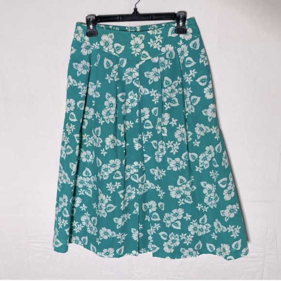 5/$25 Vintage Elle Elle Green White Floral Print Elastic Waist Midi Skirt M - Picture 1 of 16